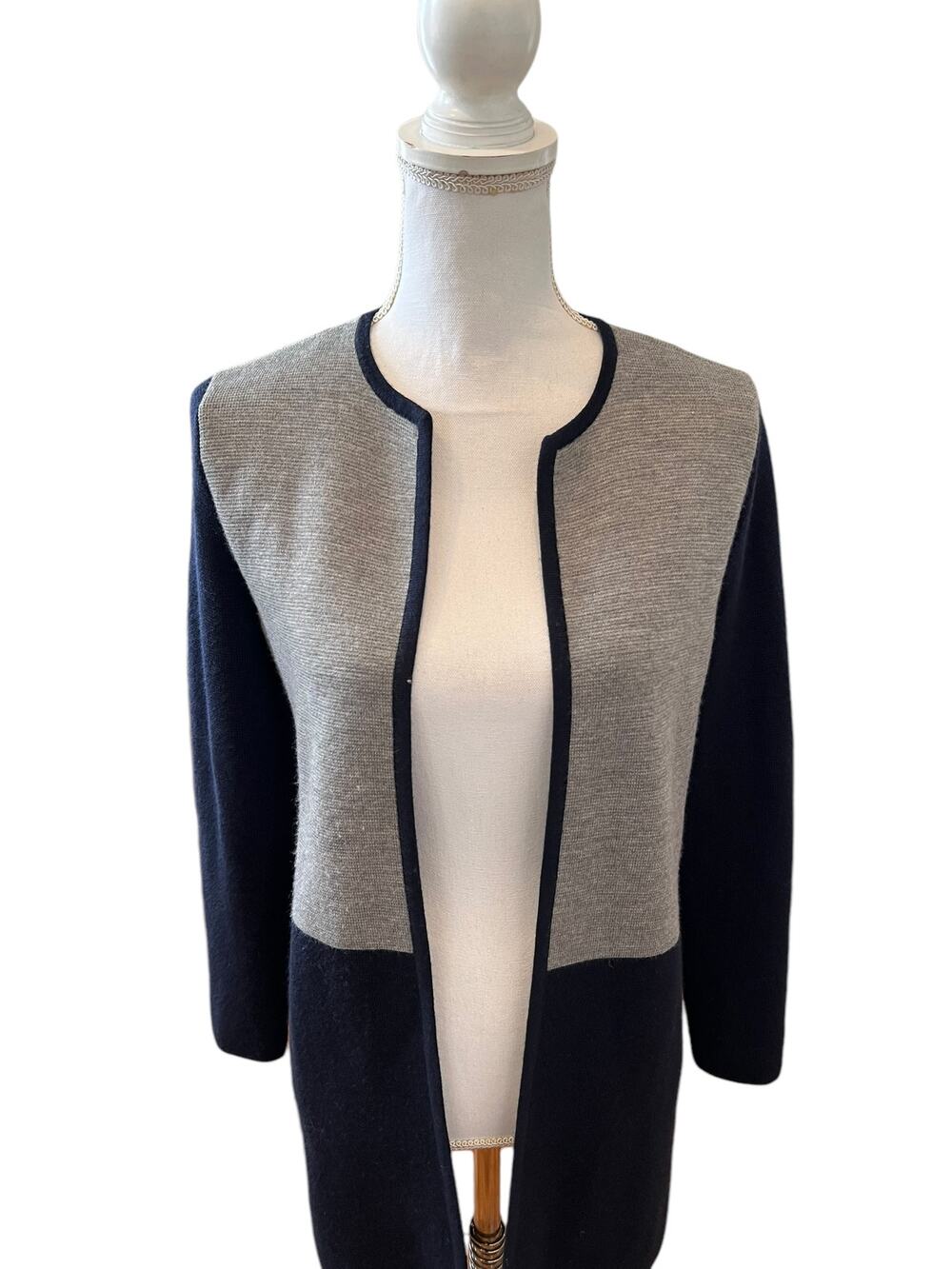 Talbots Classic Long Colorblock Cardigan Sweater Navy Blue Gray S
